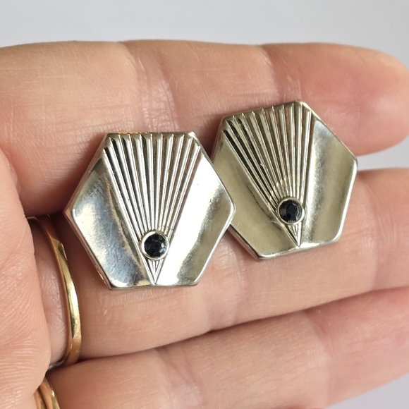 Vintage cuff links Art Deco style silver tone cufflinks blue gem - Picture 6 of 12